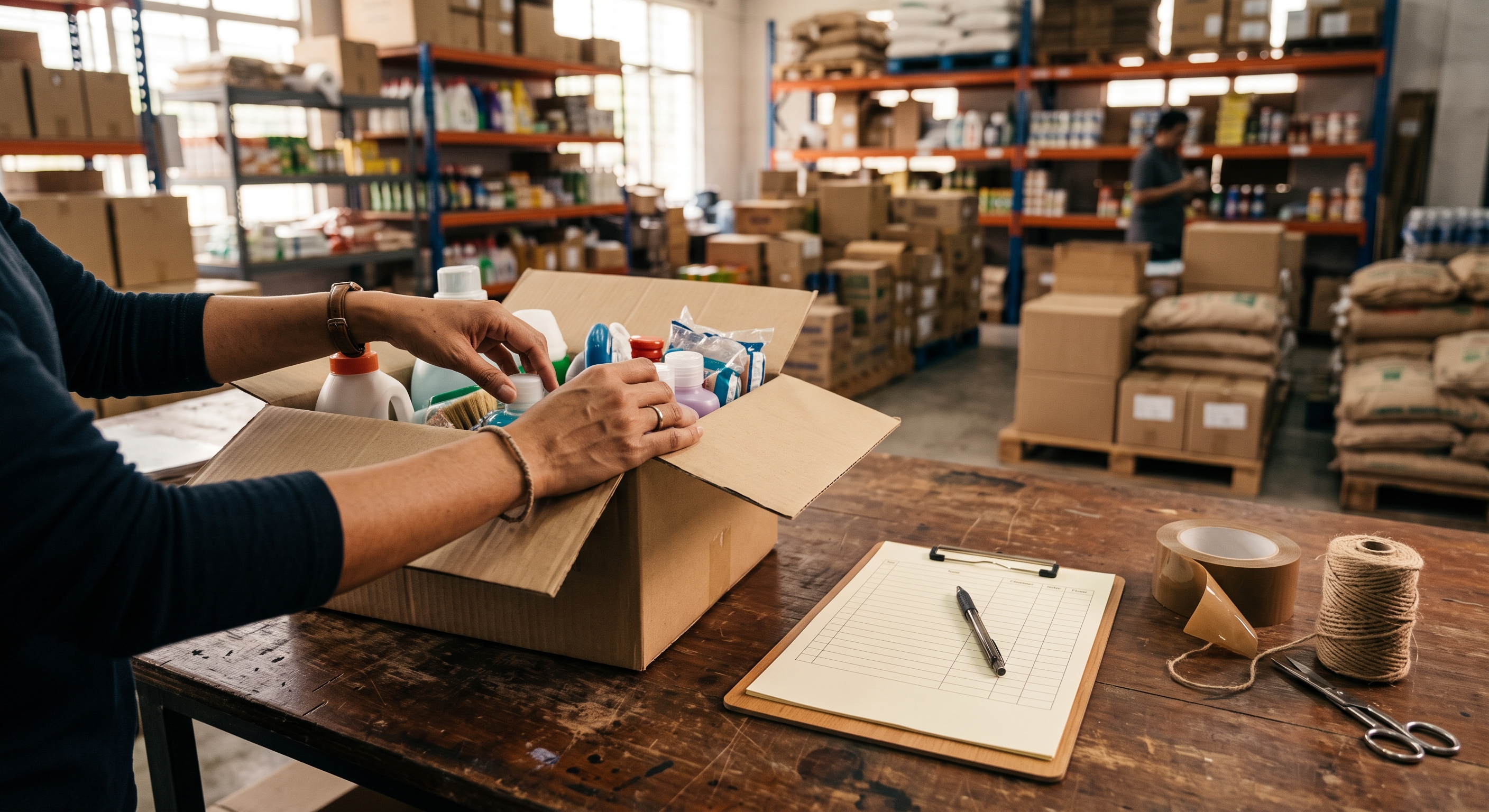 Hands checking goods in an open carton on a warehouse packing table