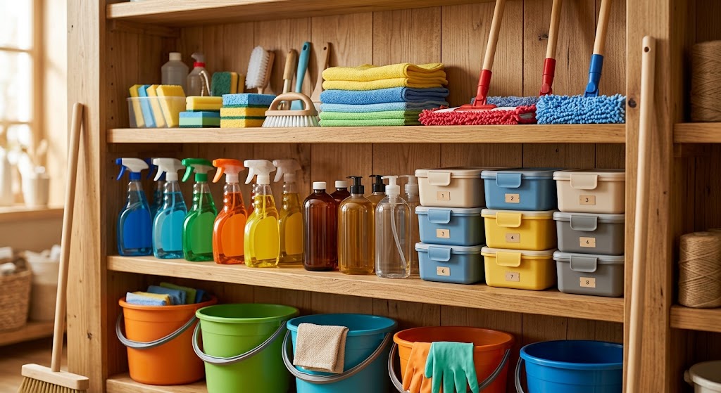 Cleaning supplies and organisers arranged on shelves