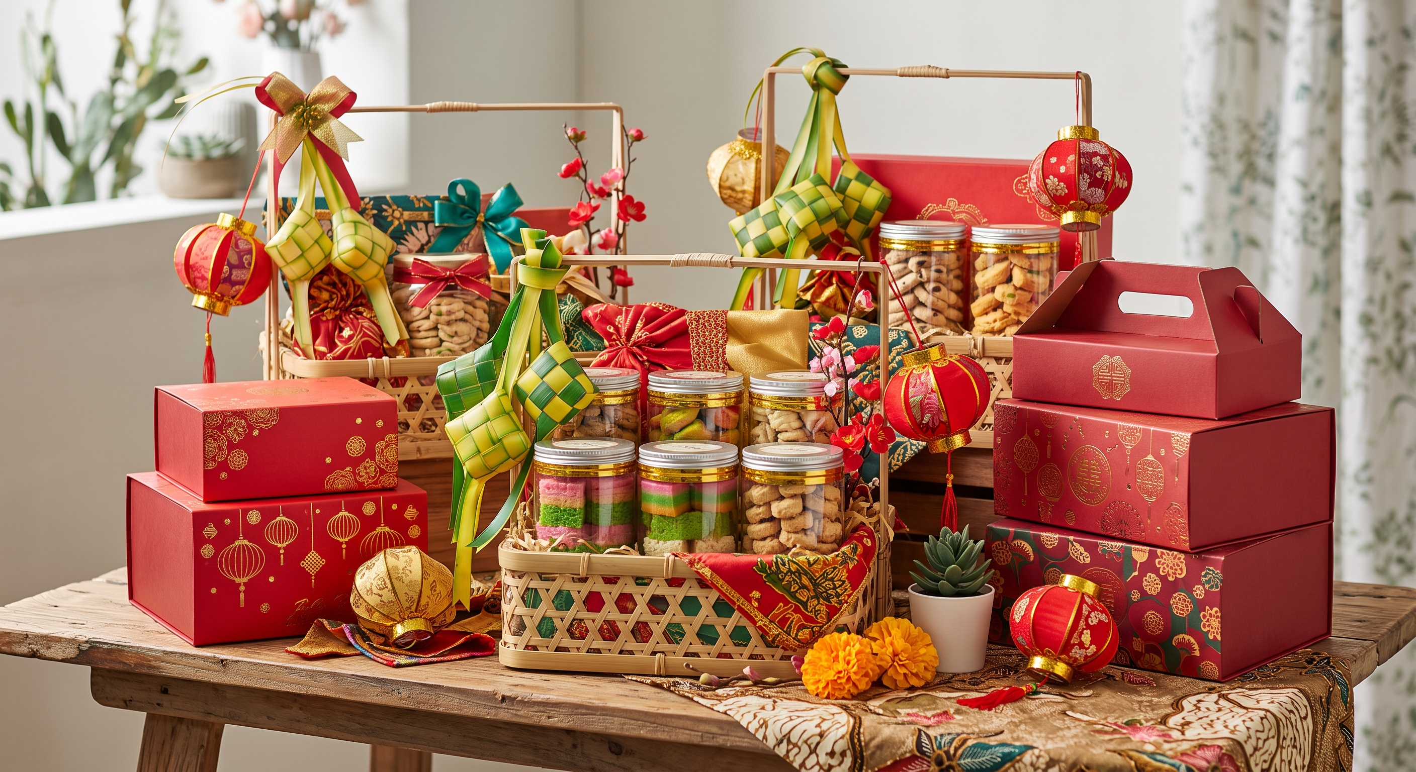 Festive gift hampers and red gift boxes with lanterns
