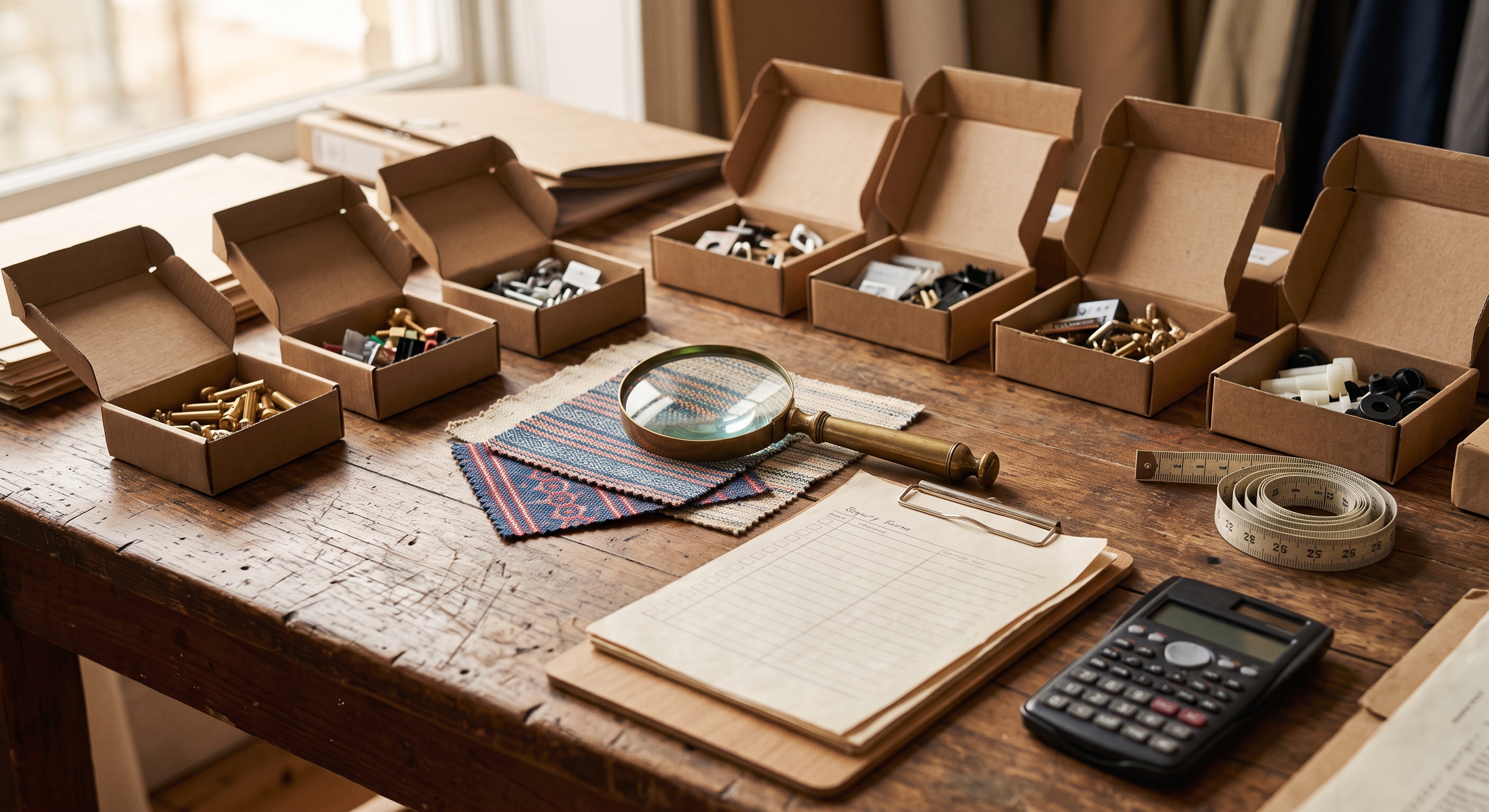 Sourcing desk with sample boxes, magnifier and inquiry forms