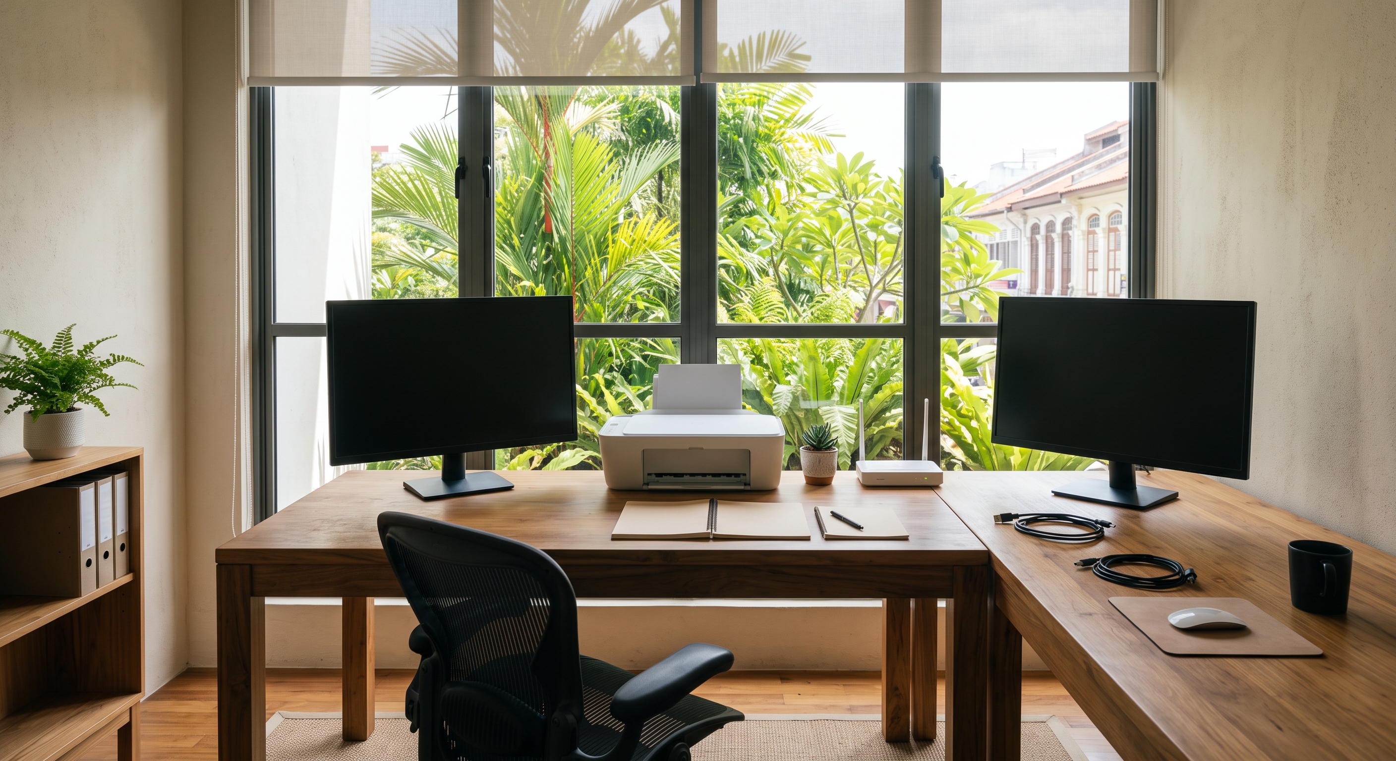 Small office corner with workstations, printer and router