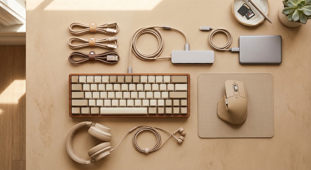 Computer peripherals arranged on a beige desk